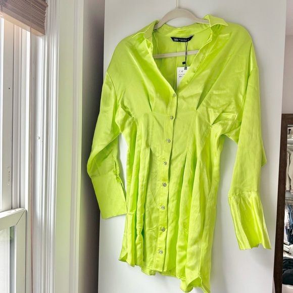 🍋🟩 NWT ZARA SATIN LIME CORSET EFFECT PLEATED SHIRT DRESS - Picture 6 of 10